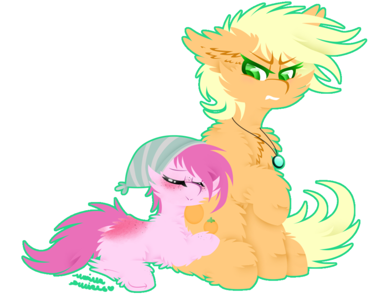 Size: 1024x795 | Tagged: safe, artist:vanillaswirl6, derpibooru import, oc, oc:orange, oc:strawberry, unofficial characters only, earth pony, pony, :>, annoyed, butt fluff, butt freckles, chest fluff, colored pupils, commission, duo, ear fluff, eyes closed, freckles, hat, hoof fluff, jewelry, leg fluff, lying down, male, necklace, raised hoof, simple background, sitting, transparent background