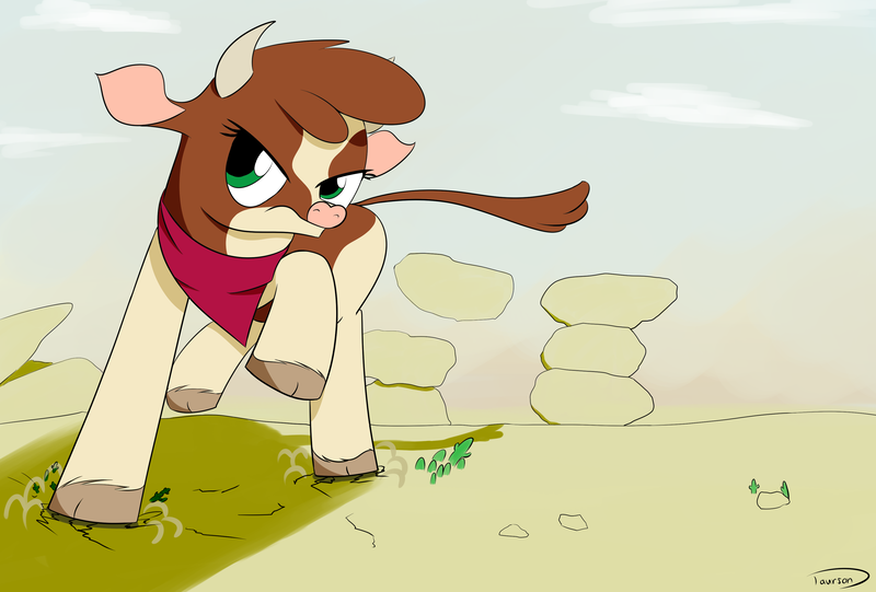 Size: 3496x2362 | Tagged: arizona cow, artist:taurson, bandana, cloven hooves, commission, community related, cow, derpibooru import, desert, earthquake, female, macro, safe, solo, stomping, them's fightin' herds