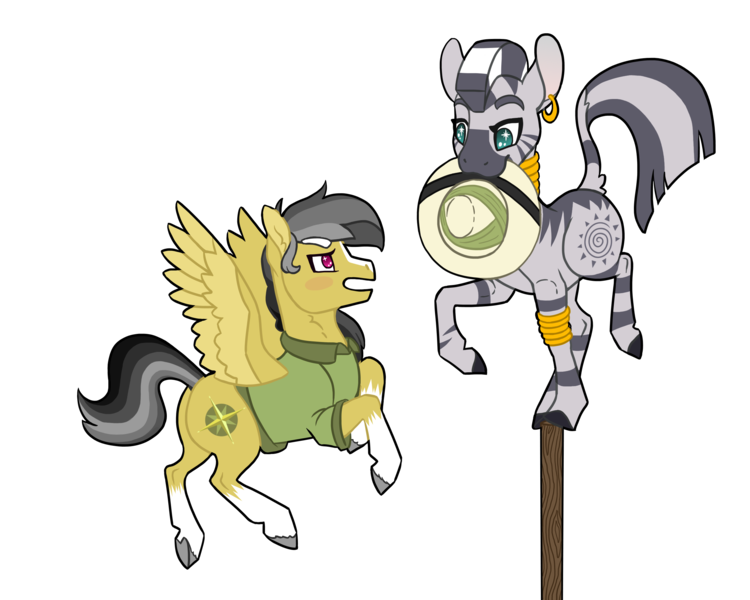 Size: 2500x2000 | Tagged: safe, artist:jackiebloom, derpibooru import, daring do, zecora, pegasus, pony, zebra, balancing, blaze (coat marking), clothes, daringcora, ear piercing, earring, female, hat, high res, jewelry, leg rings, lesbian, mare, mouth hold, neck rings, piercing, pith helmet, shipping, shirt, simple background, socks (coat marking), transparent background