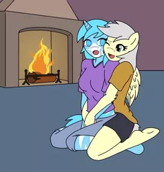 Size: 900x945 | Tagged: suggestive, artist:linedraweer, derpibooru import, oc, oc:silverlay (pegasus), oc:white frost, unofficial characters only, anthro, pegasus, unicorn, anthro oc, blind, clothes, commission, female, fire, fireplace, friendship, happy, hug, hug from behind, one eye closed, stripes, wings, wink