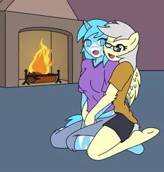 Size: 900x945 | Tagged: suggestive, artist:linedraweer, derpibooru import, oc, oc:silverlay (pegasus), oc:white frost, unofficial characters only, anthro, pegasus, unicorn, anthro oc, blind, clothes, commission, female, fire, fireplace, friendship, glasses, happy, hug, hug from behind, one eye closed, stripes, wings, wink