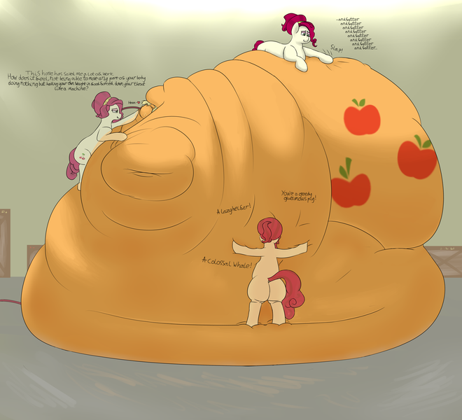 Size: 5500x5000 | Tagged: questionable, artist:lupin quill, derpibooru import, applejack, cherry jubilee, pony, series:desire (weight gain), absurd resolution, amplejack, applefat, bedroom eyes, belly, belly bed, big belly, bingo wings, blob, butt, cherryjack, chubby cheeks, clothes, dialogue, fat, feedee, feeding, feeding tube, female, grope, heart, huge belly, huge butt, immobile, impossibly large belly, impossibly large butt, impossibly obese, jiggle, large butt, lesbian, lip bite, missing accessory, morbidly obese, muffled moaning, multichin, obese, onomatopoeia, rolls of fat, see-through, shipping, slap, teasing, time lapse, warehouse