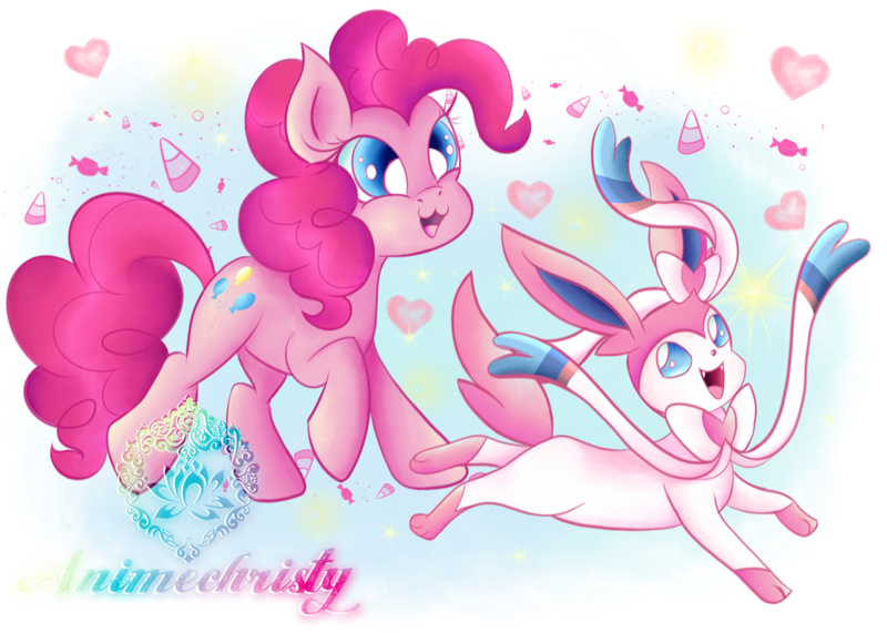 Size: 1024x731 | Tagged: safe, artist:animechristy, derpibooru import, pinkie pie, pony, sylveon, :3, candy, crossover, cute, diapinkes, duo, food, heart, open mouth, pokémon