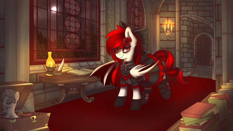 Size: 1920x1080 | Tagged: safe, artist:ciderpunk, derpibooru import, oc, oc:ribbon(vampire), bat pony, vampire, architecture, bat pony oc, bat wings, bookshelf, castle, clothes, dress, goth, gothic, interior, moonlight, ribbon, solo, victorian, wings