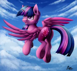 Size: 1024x939 | Tagged: safe, artist:ac-whiteraven, derpibooru import, twilight sparkle, twilight sparkle (alicorn), alicorn, pony, cloud, female, flying, mare, open mouth, sky, solo, underhoof