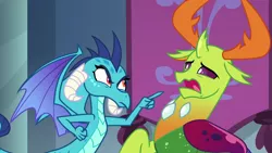 Size: 1280x720 | Tagged: accusation, but we're friends, changedling, changeling, derpibooru import, dragon, dragoness, duo, excuse, female, king thorax, male, pointing, princess ember, safe, scared, school daze, screencap, suspect, thorax, threatening