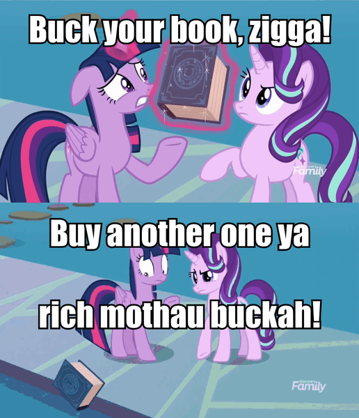 Size: 881x1024 | Tagged: safe, derpibooru import, edit, edited screencap, screencap, starlight glimmer, twilight sparkle, twilight sparkle (alicorn), alicorn, pony, unicorn, school daze, book, book abuse, caption, chappelle's show, dave chappelle, eea rulebook, exploitable meme, female, frown, glare, gritted teeth, image macro, levitation, magic, mare, meme, raised eyebrow, raised hoof, telekinesis, text, vulgar, water, wide eyes, zigga