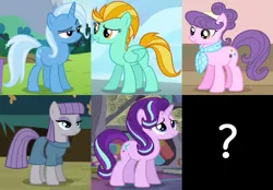 Size: 2202x1536 | Tagged: safe, derpibooru import, edit, edited screencap, screencap, lightning dust, maud pie, starlight glimmer, suri polomare, trixie, earth pony, pegasus, pony, unicorn, maud pie (episode), no second prances, rarity takes manehattan, the crystalling, wonderbolts academy, alternate mane six, cropped, female, mare, question mark, redeemer, reformed