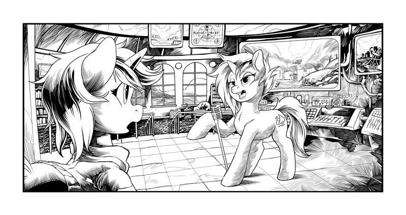 Size: 2550x1350 | Tagged: safe, artist:hobbes-maxwell, derpibooru import, oc, oc:blackjack, oc:homage, oc:littlepip, oc:morning glory (project horizons), pony, unicorn, fallout equestria, fallout equestria illustrated, fallout equestria: project horizons, fanfic, chest fluff, clothes, cloud, cloudy, cutie mark, ear fluff, easter egg, fanfic art, female, fluffy, hooves, horn, manehattan, mare, microphone, monitor, monochrome, open mouth, ruins, screen, talking, teeth, tenpony tower, vault suit, wasteland, window