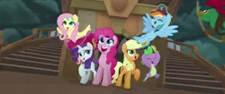 Size: 1920x804 | Tagged: safe, derpibooru import, screencap, applejack, fluttershy, mullet (character), pinkie pie, rainbow dash, rarity, spike, anthro, bird, earth pony, parrot, parrot pirates, pegasus, pony, unicorn, my little pony: the movie, anthro with ponies, bandana, eyepatch, eyes closed, happy, hat, pirate, pirate applejack, pirate fluttershy, pirate hat, pirate pinkie pie, pirate rainbow dash, pirate rarity, smiling, sword, time to be awesome, weapon