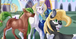 Size: 1200x616 | Tagged: safe, artist:bijutsuyoukai, derpibooru import, oc, oc:blackjack (bijutsuyoukai), oc:fever dream, unofficial characters only, earth pony, pony, unicorn, female, glasses, male, mare, offspring, parent:applejack, parent:prince blueblood, parent:trixie, parent:troubleshoes clyde, parents:bluetrix, parents:troublejack, stallion