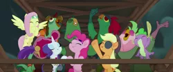 Size: 1920x804 | Tagged: safe, derpibooru import, screencap, applejack, boyle, fluttershy, lix spittle, mullet (character), murdock, pinkie pie, rarity, spike, anthro, bird, dragon, earth pony, parrot, parrot pirates, pegasus, pony, unicorn, my little pony: the movie, anthro with ponies, bandana, cute, derp, eyepatch, eyes closed, hat, pirate, pirate hat, prosthetic beak, sword, time to be awesome, weapon