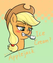 Size: 1198x1438 | Tagged: safe, artist:z-y-c, derpibooru import, applejack, earth pony, pony, applejack's hat, blushing, cowboy hat, female, food, hat, ice cream, mare, solo, spoon