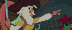 Size: 1920x804 | Tagged: airship, anthro, bird, captain celaeno, derpibooru import, feather, hat, lix spittle, mullet (character), my little pony: the movie, parrot, parrot hat, parrot pirates, pirate, pirate hat, pirate ship, pointing, saber, safe, screencap, sword, weapon