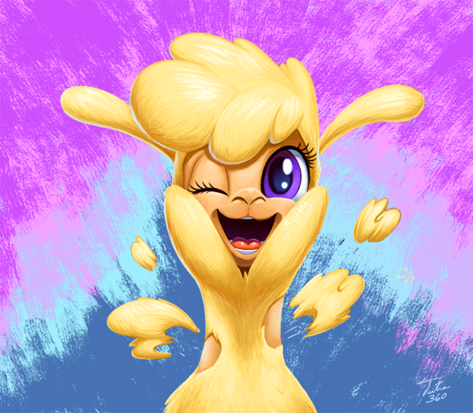 Size: 900x786 | Tagged: alpaca, artist:tsitra360, community related, derpibooru import, happy, menace, one eye closed, paprika paca, safe, smiling, solo, them's fightin' herds, wink