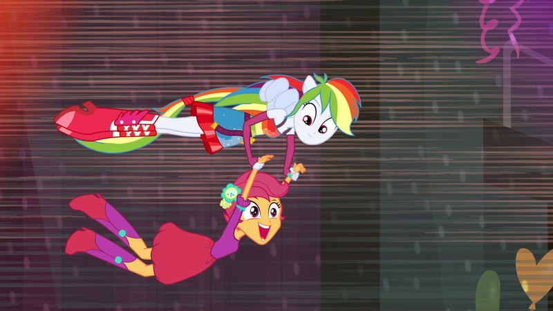 Size: 1539x866 | Tagged: safe, derpibooru import, screencap, rainbow dash, scootaloo, equestria girls, equestria girls (movie), canterlot high, duo, fall formal, fall formal outfits, flying, ponied up, this is our big night, wings