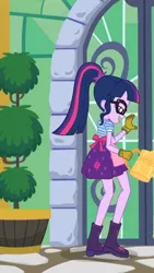 Size: 1242x2208 | Tagged: safe, derpibooru import, screencap, sci-twi, twilight sparkle, equestria girls, equestria girls series, my little shop of horrors, apron, boots, celestia's house, clothes, glasses, gloves, lidded eyes, ponytail, raised leg, shoes, solo, watering can