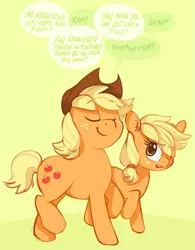 Size: 967x1241 | Tagged: dead source, safe, artist:zonkpunch, derpibooru import, applejack, big macintosh, earth pony, pony, magic duel, applejack (male), big jackintosh, dialogue, disguise, male, recolor, rule 63, stallion