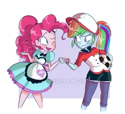 Size: 1909x1740 | Tagged: safe, artist:drawbauchery, derpibooru import, pinkie pie, rainbow dash, coinky-dink world, epic fails (equestria girls), eqg summertime shorts, equestria girls, ball, clothes, cute, female, hat, holding hands, lesbian, looking at each other, one eye closed, open mouth, pinkiedash, raised eyebrow, server pinkie pie, shipping, smiling, waitress, watermark, wink