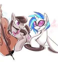 Size: 1000x1078 | Tagged: safe, artist:emina15966emina, derpibooru import, octavia melody, vinyl scratch, earth pony, pony, unicorn, slice of life (episode), bowtie, cello, duo, female, looking at each other, mare, musical instrument, simple background, smiling, sunglasses, white background