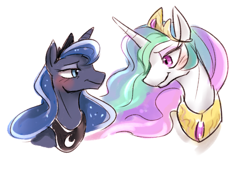 Size: 969x685 | Tagged: safe, artist:emina15966emina, derpibooru import, princess celestia, princess luna, alicorn, pony, slice of life (episode), blushing, bust, duo, female, jewelry, looking at each other, mare, regalia, royal sisters, siblings, simple background, sisters, smiling, white background