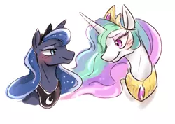 Size: 969x685 | Tagged: safe, artist:emina15966emina, derpibooru import, princess celestia, princess luna, alicorn, pony, slice of life (episode), blushing, bust, duo, female, jewelry, looking at each other, mare, regalia, royal sisters, siblings, simple background, sisters, smiling, white background