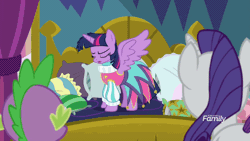 Size: 902x508 | Tagged: safe, derpibooru import, edit, edited screencap, screencap, rarity, spike, twilight sparkle, twilight sparkle (alicorn), alicorn, dragon, pony, unicorn, school daze, and then there's rarity, animated, bed, clothes, dress, eyes closed, female, floppy ears, force dressing, frown, instant cosplay surprise, jester dress, magic, magic aura, male, mare, messy mane, prone, reversed, ruff (clothing), wide eyes