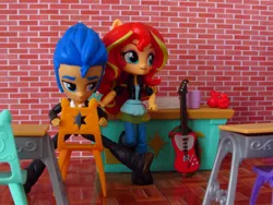 Size: 1600x1200 | Tagged: safe, artist:whatthehell!?, derpibooru import, flash sentry, sunset shimmer, equestria girls, apple, boots, chair, classroom, clothes, desk, doll, equestria girls minis, female, flashimmer, food, guitar, irl, jacket, male, musical instrument, pair, pants, photo, school, shipping, shoes, straight, toy, tuxedo