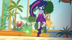 Size: 2208x1242 | Tagged: safe, derpibooru import, screencap, sci-twi, twilight sparkle, equestria girls, equestria girls series, my little shop of horrors, apron, boots, celestia's house, clothes, glow, magic, palm tree, plants, ponytail, raised leg, rear view, shoes, skirt, solo, tree, watering can