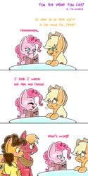 Size: 2500x5000 | Tagged: safe, artist:thecrystalring, deleted from derpibooru, derpibooru import, applejack, big macintosh, cheese sandwich, pinkie pie, earth pony, pony, applejack's hat, comic, context, cowboy hat, dialogue, female, hat, innuendo, male, mare, menu, stallion, table