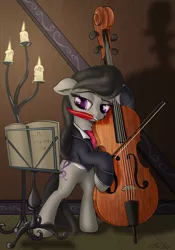 Size: 1400x2000 | Tagged: safe, artist:awalex, derpibooru import, octavia melody, earth pony, pony, bipedal, bow (instrument), candle, cello, cello bow, clothes, female, fire, hoof hold, mare, mouth hold, musical instrument, necktie, quill, smiling, solo, suit