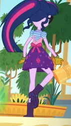 Size: 1242x2208 | Tagged: safe, derpibooru import, screencap, sci-twi, twilight sparkle, equestria girls, equestria girls series, my little shop of horrors, apron, boots, celestia's house, clothes, glasses, gloves, plants, ponytail, raised leg, rear view, shoes, skirt, solo, tree, watering can