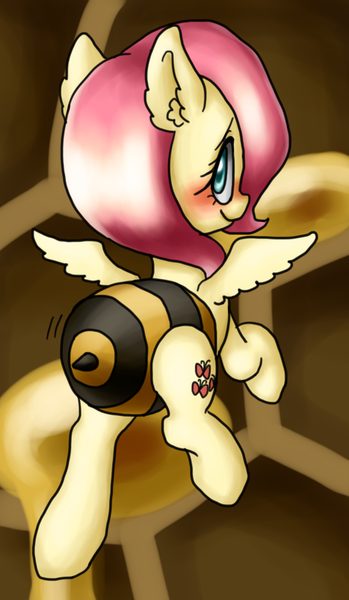 Size: 510x877 | Tagged: safe, artist:shusu, derpibooru import, fluttershy, pegasus, pony, animal costume, bee costume, blushing, clothes, costume, flutterbee, honeycomb (structure), smiling, solo, wiggle