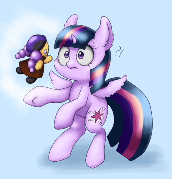 Size: 798x831 | Tagged: safe, artist:shusu, derpibooru import, twilight sparkle, twilight sparkle (alicorn), alicorn, pony, doll, exclamation point, interrobang, question mark, solo, surprised, toy