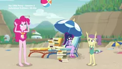 Size: 1280x720 | Tagged: safe, derpibooru import, screencap, lily pad (equestria girls), pinkie pie, sci-twi, twilight sparkle, equestria girls, equestria girls series, friendship math, barefoot, beach, beach ball, book, clothes, feet, geode of sugar bombs, geode of telekinesis, magical geodes, one-piece swimsuit, schrödinger's pantsu, swimsuit, that girl sure does love books, young