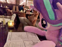 Size: 1024x768 | Tagged: safe, artist:nekokevin, derpibooru import, starlight glimmer, pony, unicorn, series:nekokevin's glimmy, babscon, irl, menu, photo, plushie, restaurant, solo