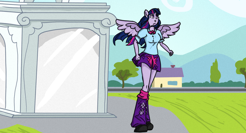 Size: 1920x1038 | Tagged: safe, artist:erenerakhard, derpibooru import, twilight sparkle, twilight sparkle (alicorn), alicorn, equestria girls, 80's-ish, canterlot high, digital art, film grain, movie reference, ponied up, portal, the transformers: the movie, wondercolt statue