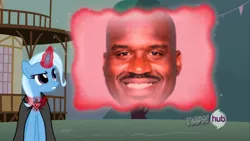 Size: 854x480 | Tagged: derpibooru import, edit, edited screencap, exploitable meme, magic duel, meme, safe, screencap, shaquille o'neal, trixie, trixivision, wat