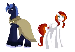 Size: 3295x2295 | Tagged: safe, artist:silcybell, deleted from derpibooru, derpibooru import, clover the clever, oc, oc:snowfire, pegasus, pony, unicorn, 's parents, canon x oc, celestia and luna's father, celestia and luna's mother, cloak, clothes, duo, female, headcanon, male, mare, simple background, stallion, transparent background