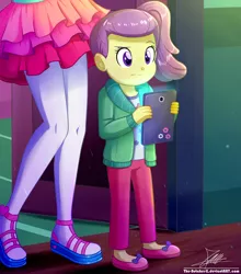 Size: 1020x1160 | Tagged: safe, artist:the-butch-x, derpibooru import, lily pad (equestria girls), pinkie pie, equestria girls, equestria girls series, pinkie sitting, babysitting, child, clothes, cute, female, head out of frame, ipad, legs, pants, pantyhose, sandals, shirt, shoes, skirt, tablet, young