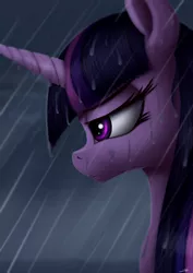 Size: 1240x1754 | Tagged: safe, alternate version, artist:jeki, derpibooru import, twilight sparkle, twilight sparkle (alicorn), alicorn, pony, female, lidded eyes, mare, profile, rain, sad, solo