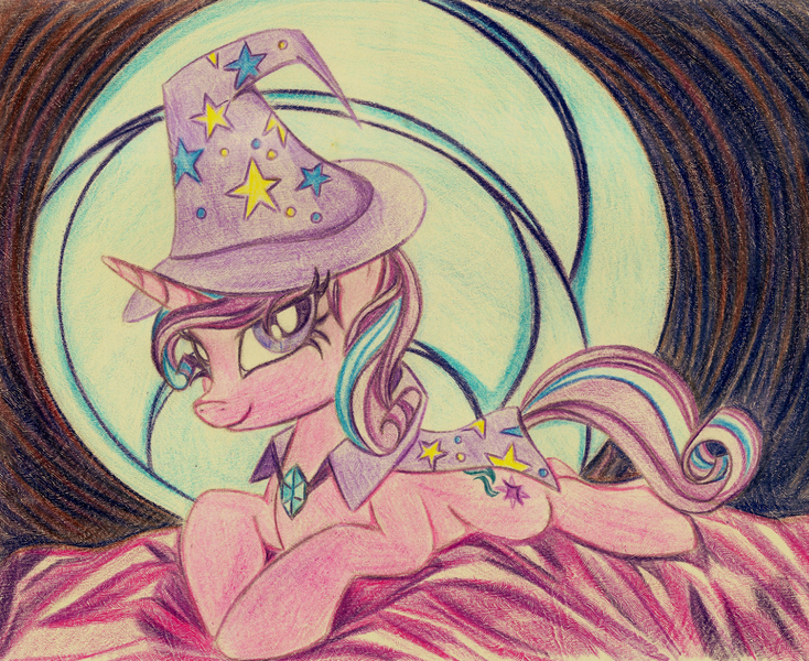 Size: 1443x1180 | Tagged: safe, artist:pedrohander, derpibooru import, starlight glimmer, unicorn, cape, clothes, hat, solo, traditional art, trixie's cape, trixie's hat