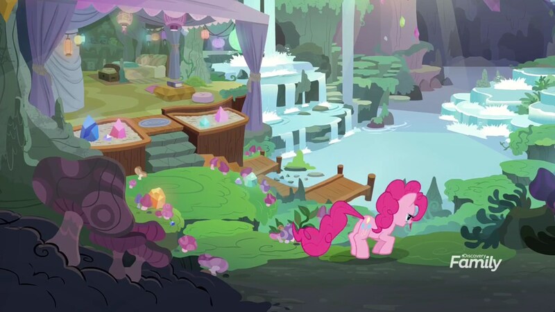 Size: 1920x1080 | Tagged: safe, derpibooru import, screencap, pinkie pie, earth pony, pony, the maud couple, discovery family logo, maud's cave, mushroom, solo, waterfall