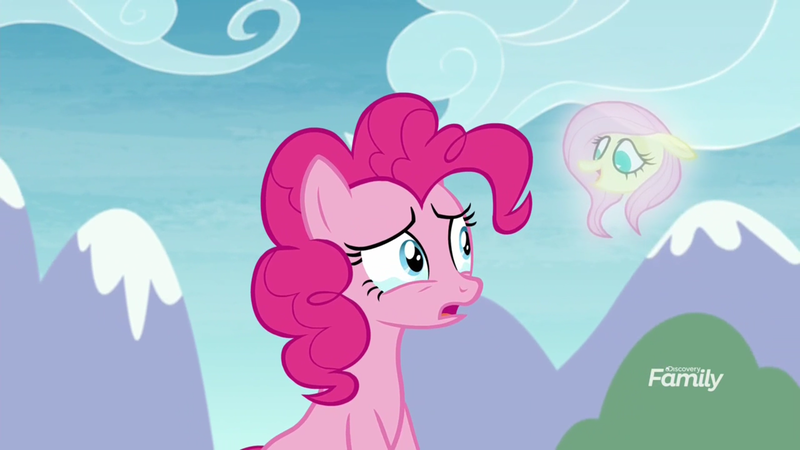 Size: 1920x1080 | Tagged: safe, derpibooru import, screencap, fluttershy, pinkie pie, earth pony, pony, the maud couple, crying, discovery family logo, floating head, hallucination, i'm not stu