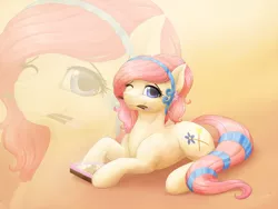 Size: 1024x768 | Tagged: safe, artist:novaintellus, derpibooru import, oc, oc:bloom flower, unofficial characters only, earth pony, pony, bento, chest fluff, chopsticks, commission, egg (food), female, food, gradient background, headband, looking at you, lying down, mare, mouth hold, noodles, one eye closed, prone, ramen, rice, smiling, solo, tail band, tofu (food), wink, zoom layer