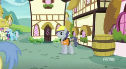 Size: 686x376 | Tagged: safe, derpibooru import, screencap, bon bon, linky, pinkie pie, shoeshine, steam roller (character), sweetie drops, earth pony, pony, the maud couple, :s, animated, barrel, breaking the fourth wall, construction pony, discovery family logo, female, looking at you, male, no sound, pinkie being pinkie, wavy mouth, webm