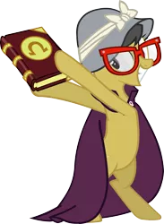 Size: 3209x4384 | Tagged: safe, artist:ironm17, derpibooru import, a.k. yearling, daring do, pony, daring don't, bipedal, book, cape, clothes, glasses, grin, hat, simple background, smiling, solo, transparent background, vector