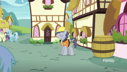 Size: 800x450 | Tagged: safe, derpibooru import, screencap, bon bon, linky, pinkie pie, shoeshine, steam roller (character), sweetie drops, pony, the maud couple, animated, background pony, barrel, construction pony, hard hat, i've seen some shit, looking at you