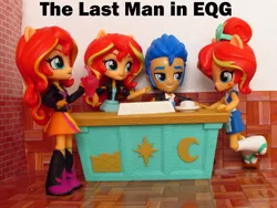 Size: 1140x855 | Tagged: safe, artist:whatthehell!?, derpibooru import, flash sentry, sunset shimmer, equestria girls, boots, classroom, clothes, desk, doll, equestria girls minis, eqventures of the minis, female, flashimmer, food, irl, jacket, male, multeity, pair, pants, photo, school, shimmerstorm, shipping, shoes, straight, sunset sushi, sushi, toy, tuxedo
