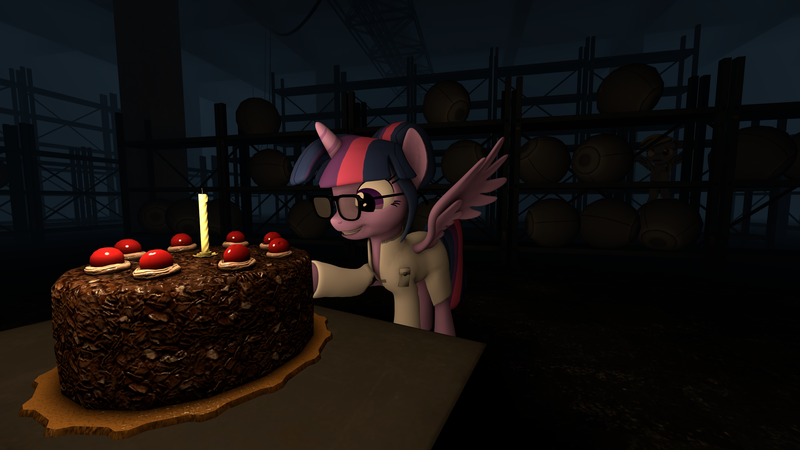 Size: 7680x4320 | Tagged: 3d, absurd resolution, alicorn, artist:syncedsart, cake, derpibooru import, derpy hooves, downloadable, duo, food, portal 2, portal (valve), safe, science, sci-twi, scitwilicorn, source filmmaker, the cake is a lie, twilight sparkle, twilight sparkle (alicorn), valve